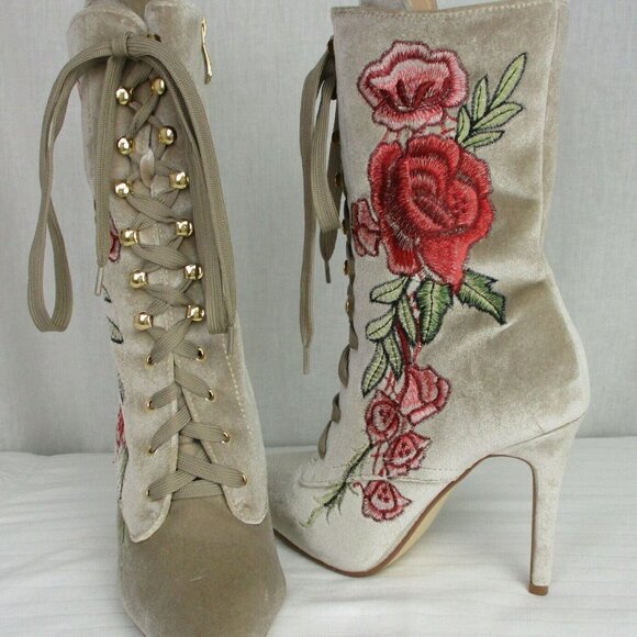 Cape Robbin Womens Embroidered Velvet Lace-up Mid-Calf Stiletto Heel Boot Nude - Picture 3 of 9